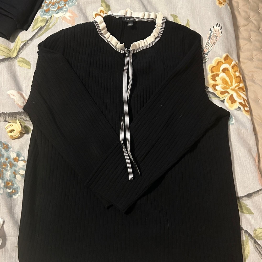 Talbots Black Sweater with Ruffled Tie at Neck